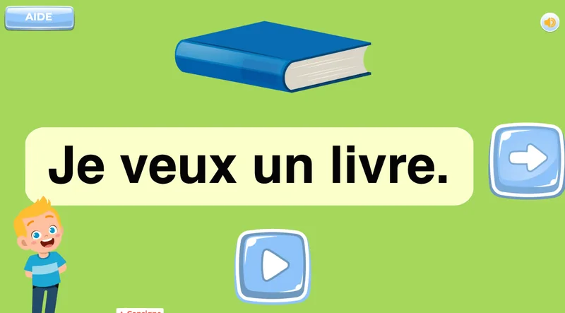 Enfant de 6 ans utilisant un jeu interactif pour apprendre à lire les premières phrases