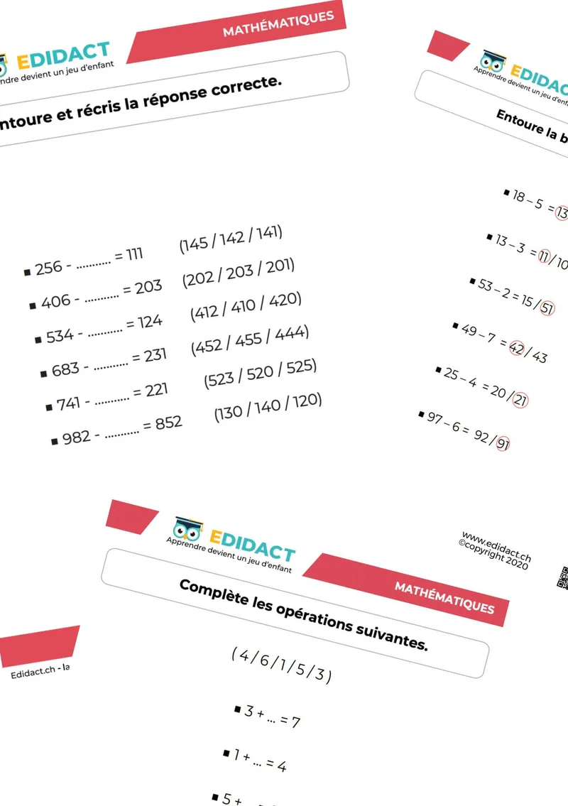 exercices soustractions avec fiches