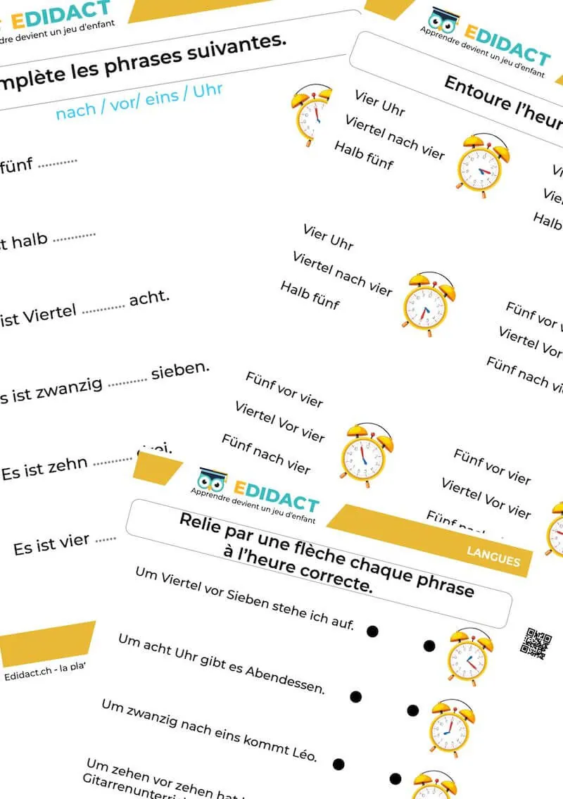 Fiche d'exercice sur l'heure en allemand PDF à imprimer - horloges muettes à compléter pour enfants